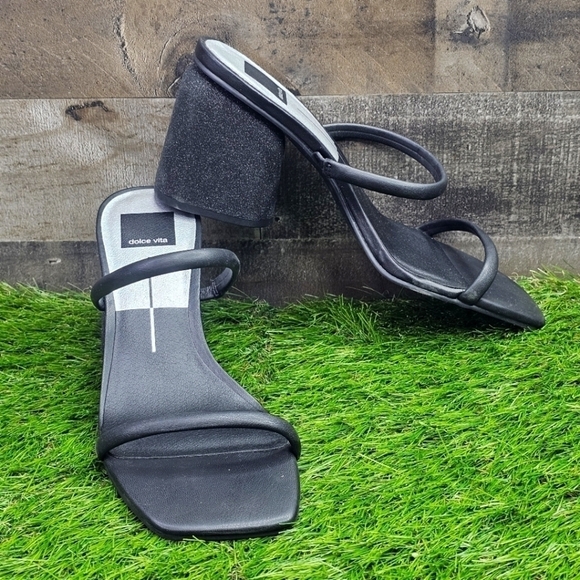 New Dolce Vita Block Heel Sandals Strappy Slide Black Glitter 8.5 - Picture 8 of 9